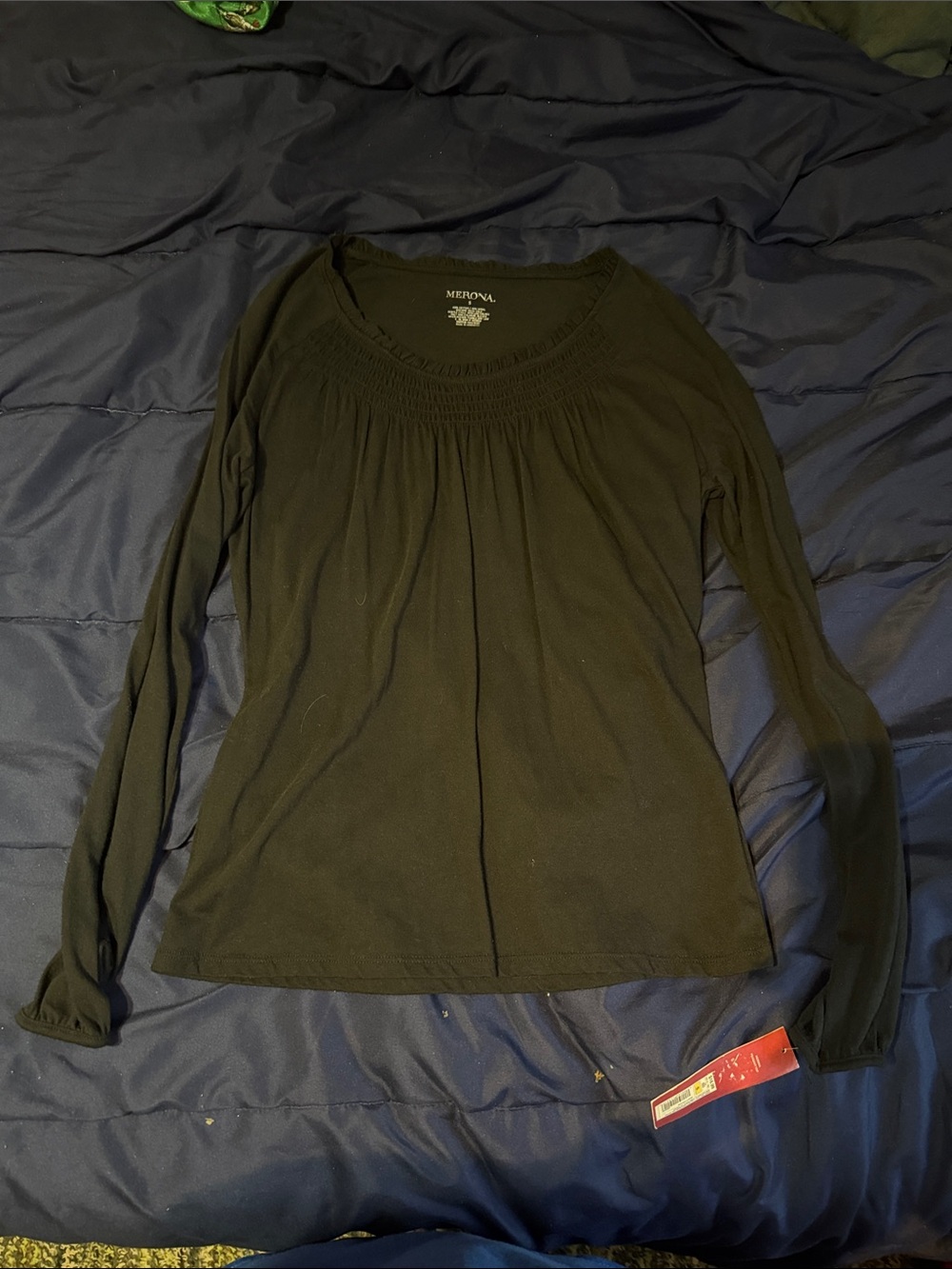 Merona Black Long Sleeve Scoop Neck “Peasant” Top with Shirred Yoke Detail